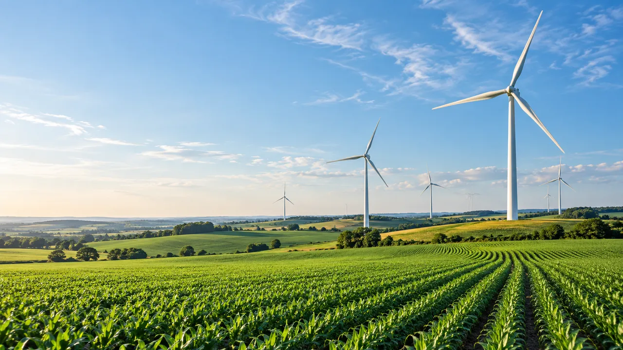 Wind turbines above green fields